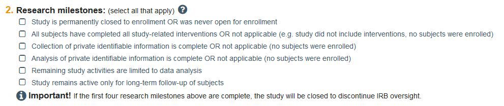 Screenshot showing research milestones options for continuing review consideration in KU's eCompliance system.