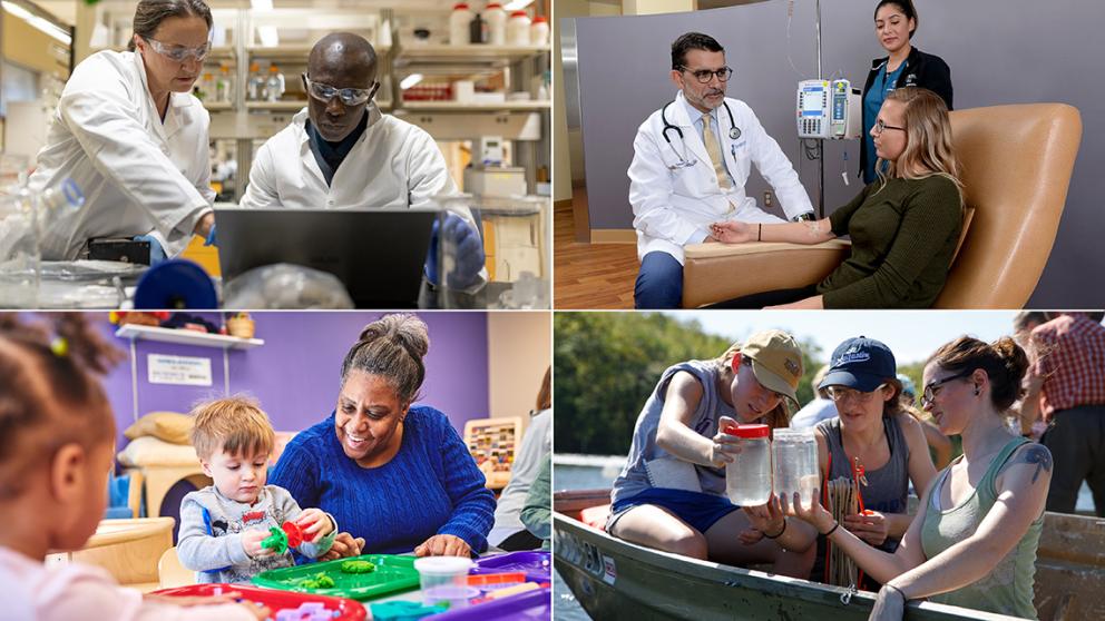KU researchers working in a classroom, laboratory, health care clinic, and a Kansas reservoir