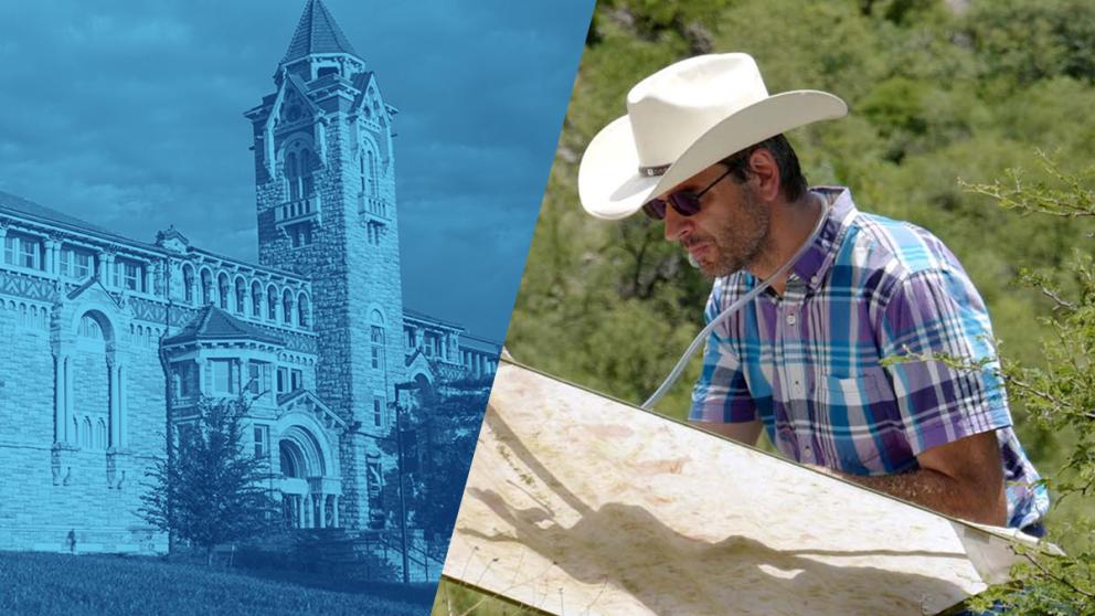 Split image of Dyche Hall, home of KU's Biodiversity Institute & Natural History Museum, on the left, and Nico Franz, the institute's next director, on the right, conducting research in an outdoor setting.