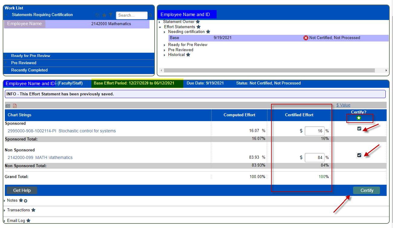 Screenshot of a box around the certified effort section, and arrows pointing to the check box in the certify column and an arrow pointing to the certify button in the ecrt system