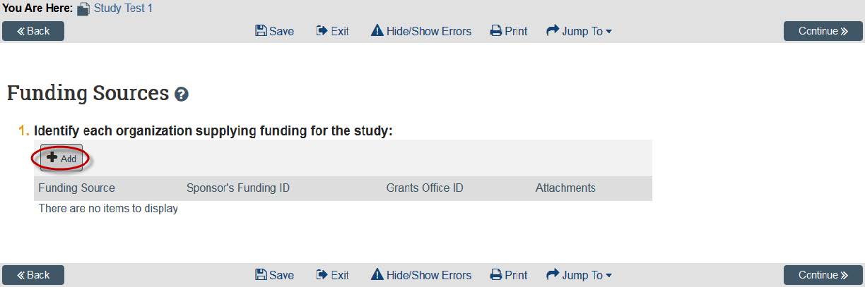 Screenshot showing to click add under question one under funding sources in KU&#039;s eCompliance system