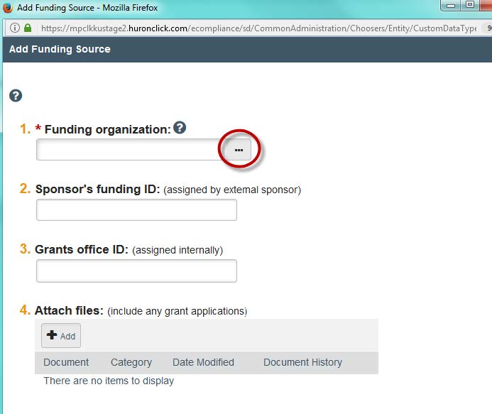 Screenshot showing to click the three dots in question one funding organization in KU&#039;s eCompliance system