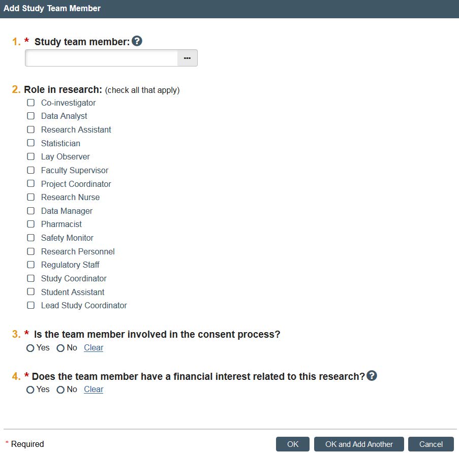 Screenshot showing the four questions under add study team member in KU's eCompliance system