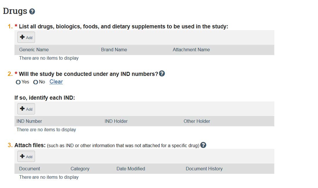Screenshot showing the drug section in KU's eCompliance system