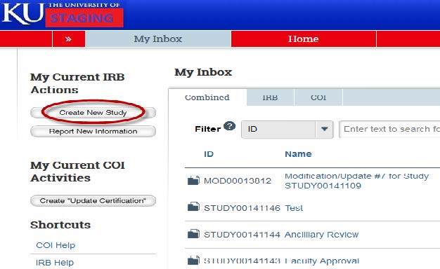 Screenshot showing to click create a new study in KU's eCompliance system