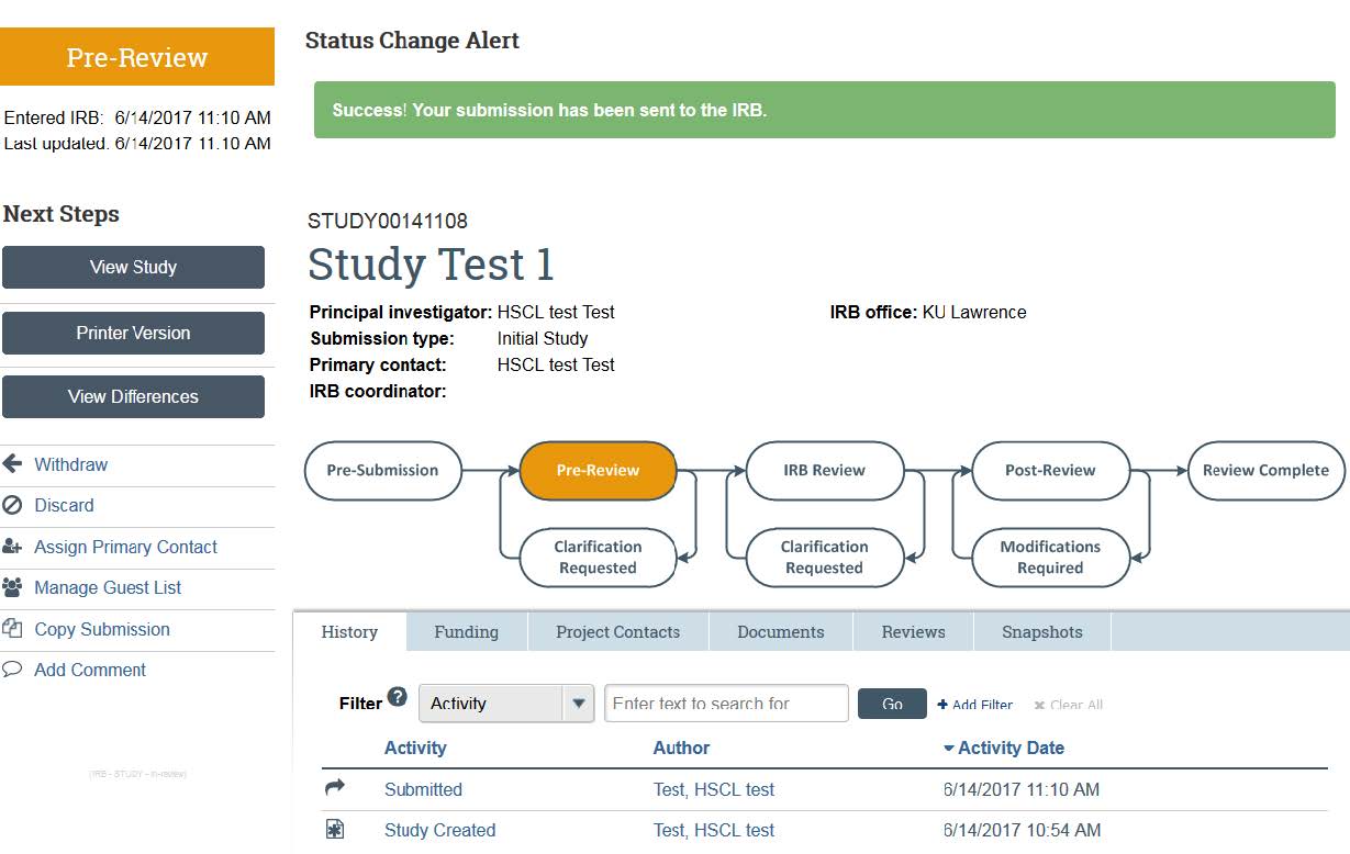 Screenshot showing the pre-review page in KU's eCompliance system