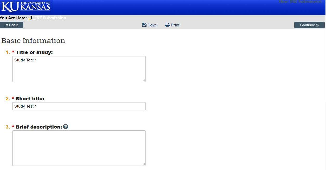 Screenshot showing to fill out the fields under basic information KU's eCompliance system