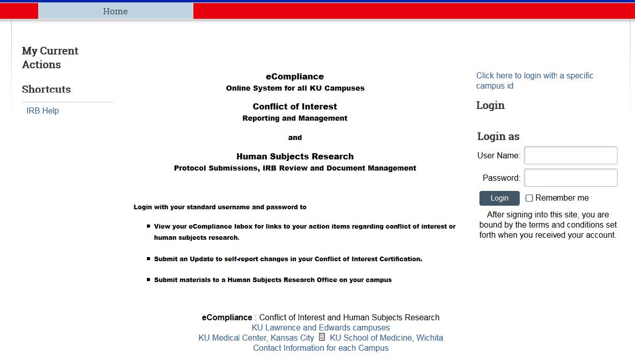 Screenshot showing to log into KU&#039;s eCompliance system