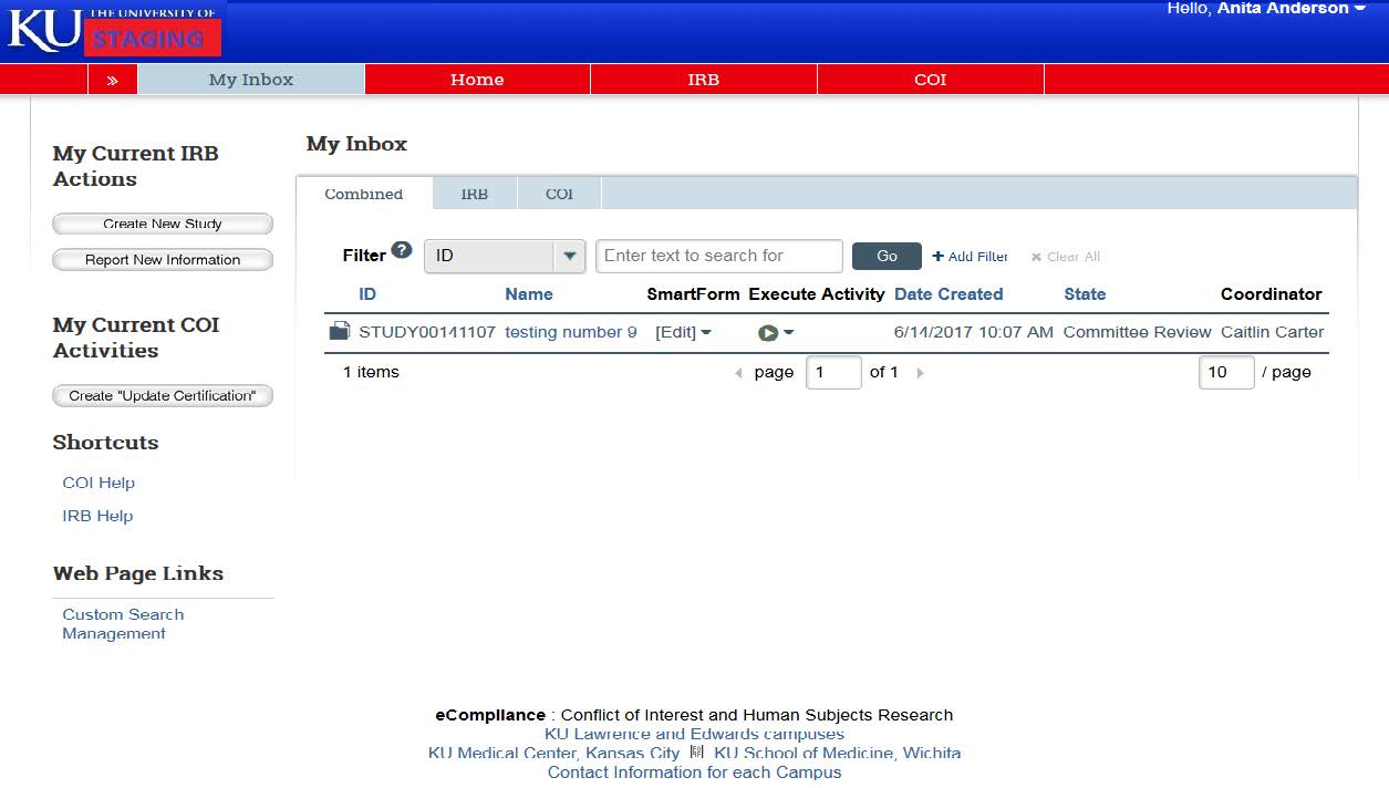 Screenshot showing a sample of an inbox page in KU&#039;s eCompliance system