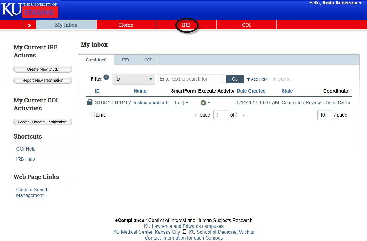 Screenshot showing to click on IRB at the top of the page in KU&#039;s eCompliance system