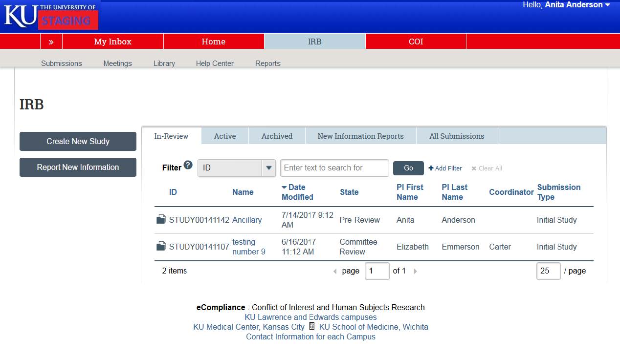 Screenshot showing the in-review tab in KU&#039;s eCompliance system