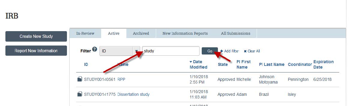 Screenshot showing to type study into the search bar and click go in KU&#039;s eCompliance system