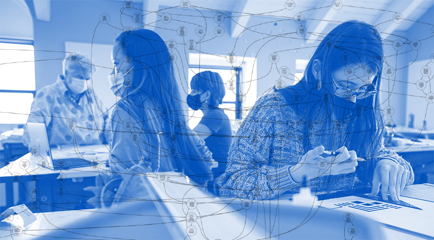 Photo illustration of students working in a classroom