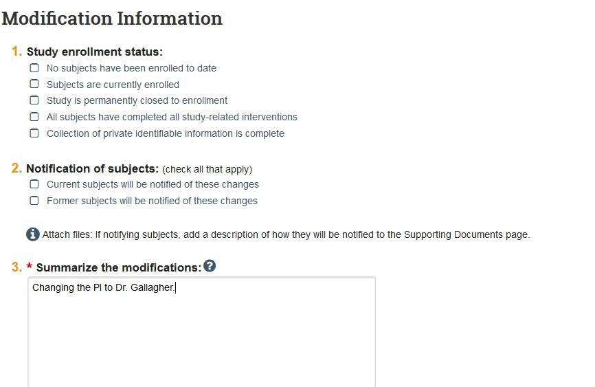 Screenshot showing to write the name of the new PI in the summarize the modifications section in KU&#039;s eCompliance system