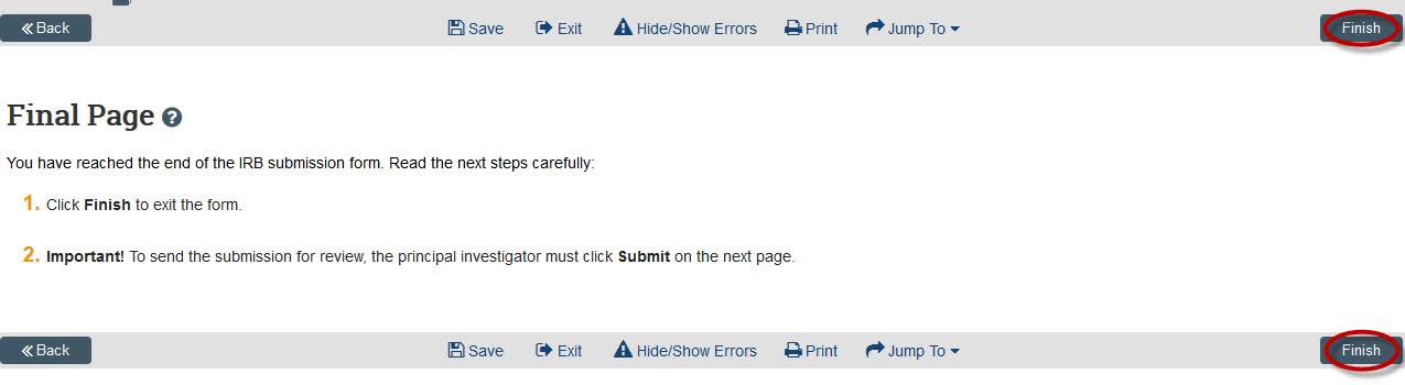 Screenshot showing to click the finish button in KU&#039;s eCompliance system