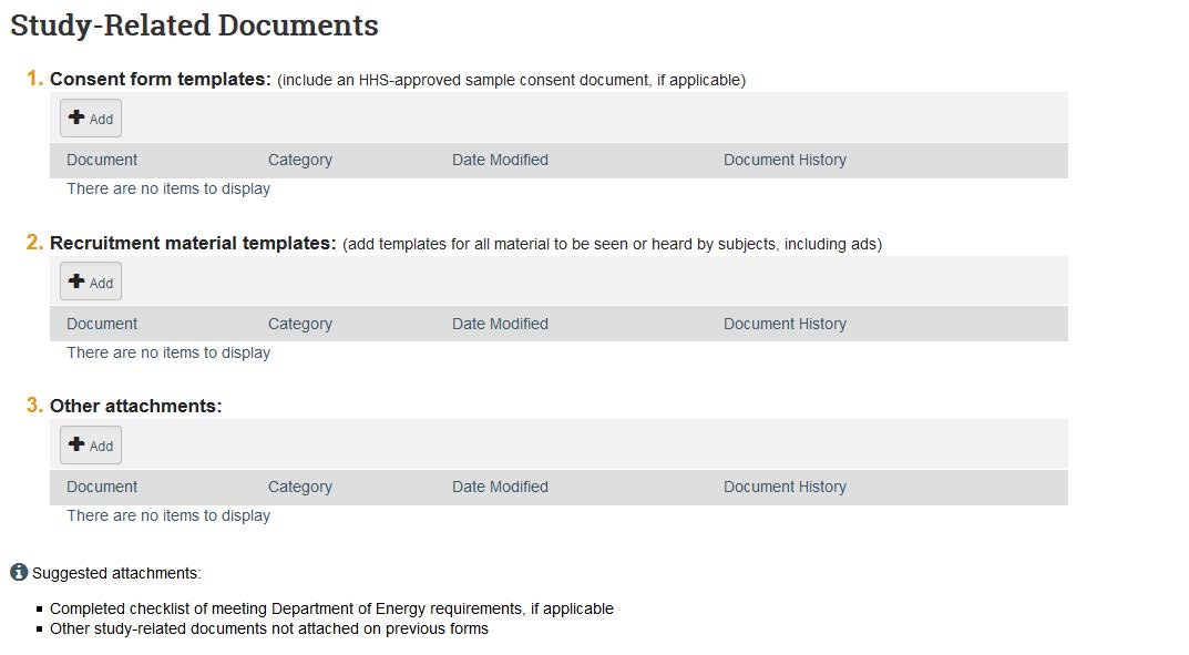 Screenshot showing the study-related documents section in KU's eCompliance system