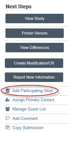Screenshot showing the add participating sites button in KU's eCompliance system