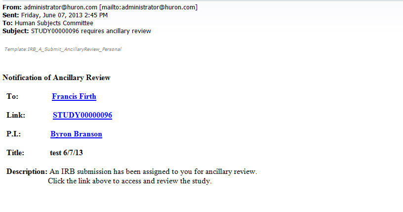 Screenshot showing a sample notification of ancillary review email