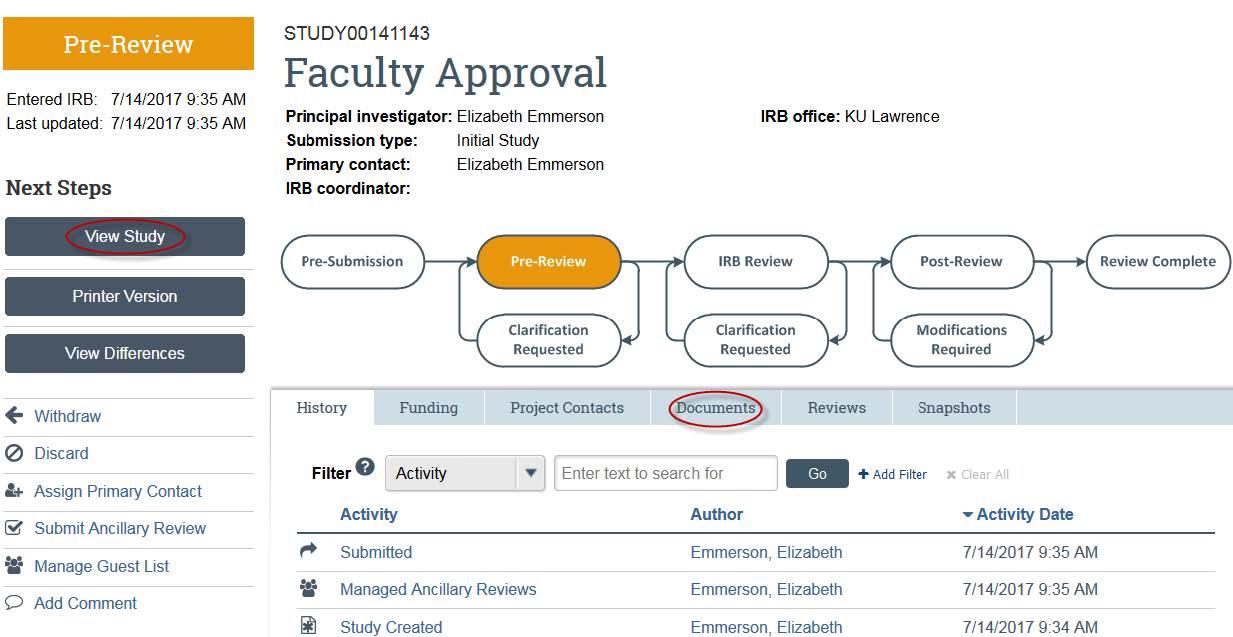 Screenshot showing the view study button in KU&#039;s eCompliance system