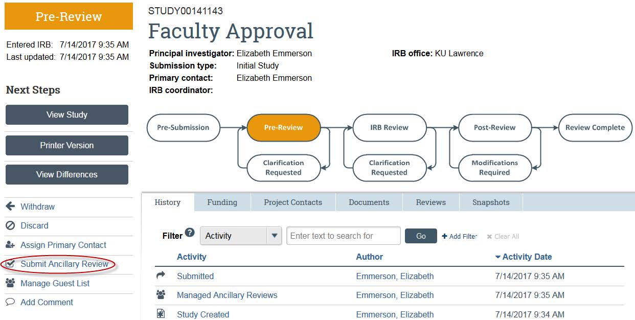 Screenshot showing the submit ancillary review button in KU&#039;s eCompliance system