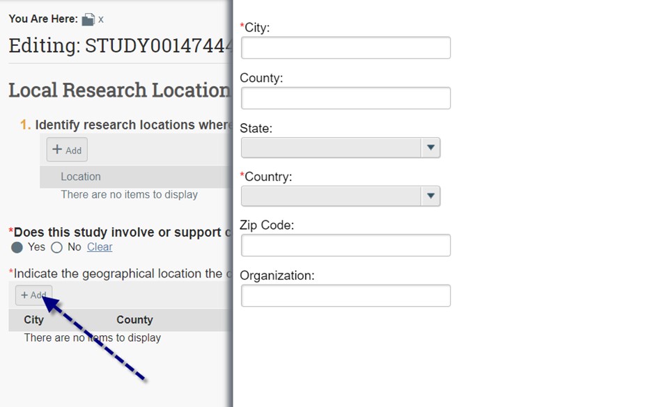 Screenshot showing the add research location information in KU's eCompliance system