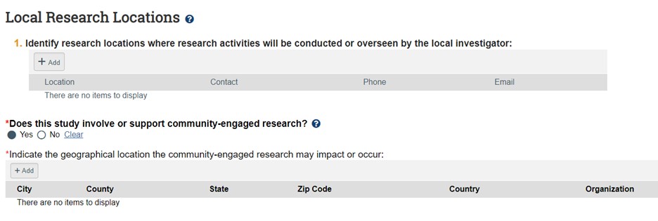 Screenshot showing the research locations section in KU's eCompliance system