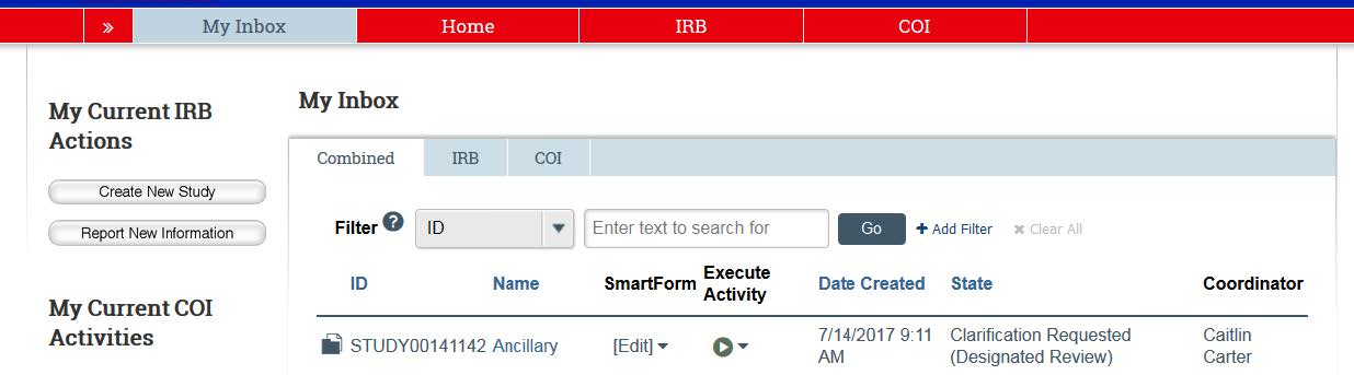 Screenshot showing to click on the study&#039;s title in KU&#039;s eCompliance system