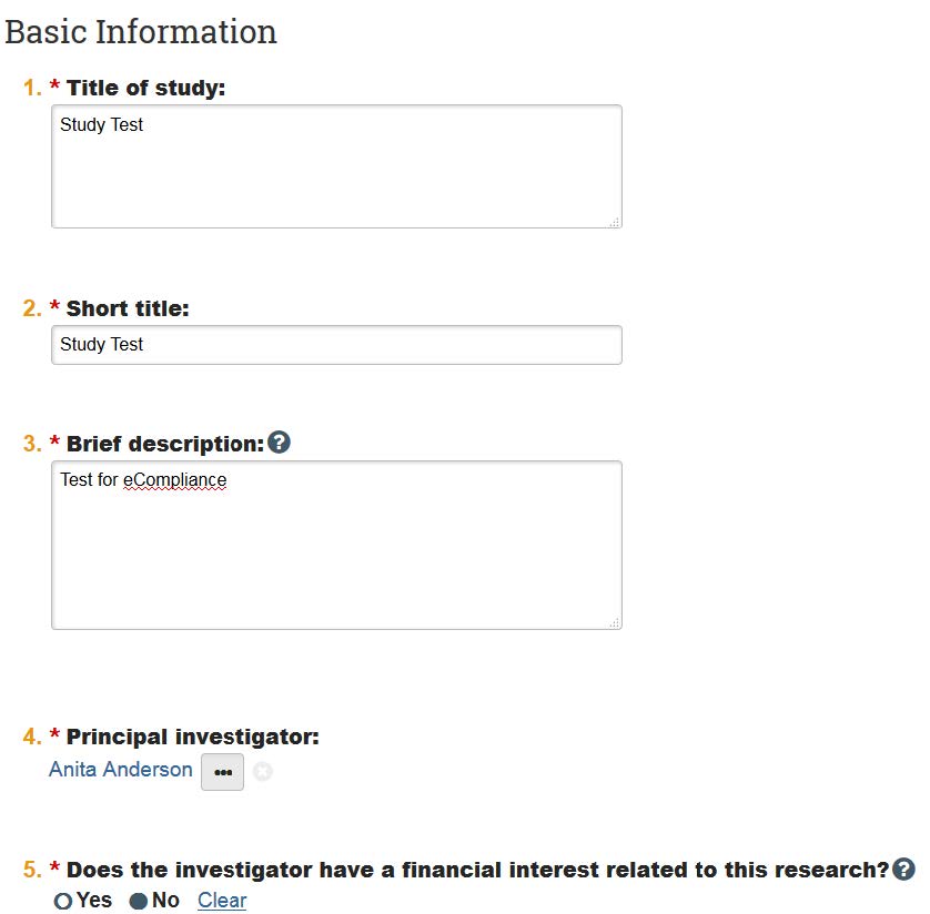 Screenshot showing to fill out the basic information fields if needed in KU&#039;s eCompliance system