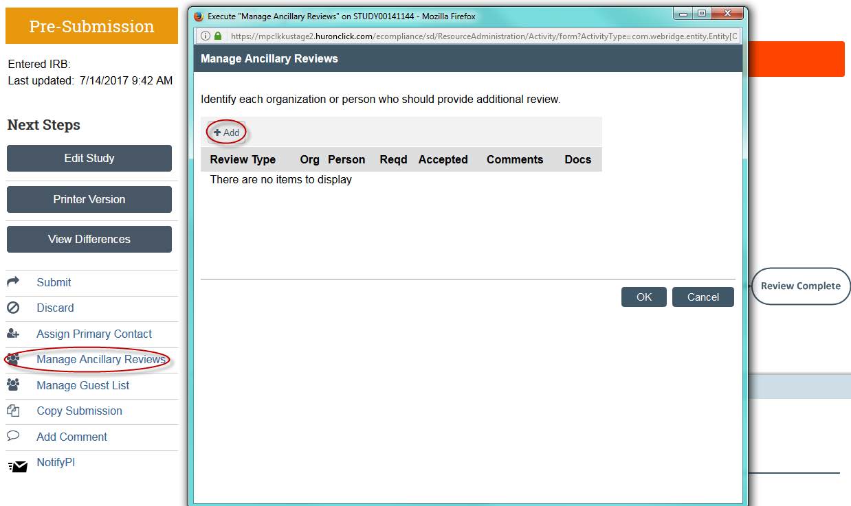 Screenshot showing to click the manage ancillary reviews button and then add button in KU&#039;s eCompliance system