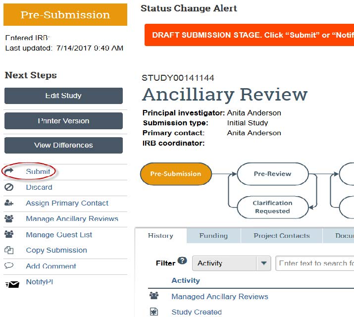 Screenshot showing to click submit in KU&#039;s eCompliance system