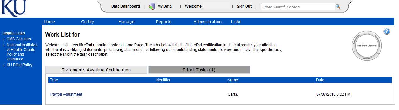 Screenshot of where to find the payroll adjustment tasks in the ECRT system