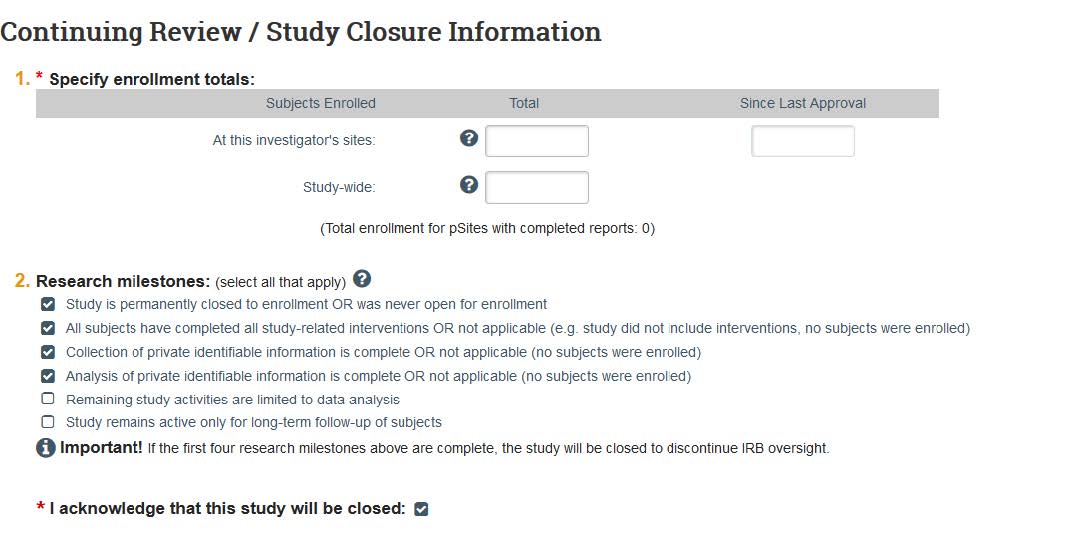 Screenshot showing study closure milestones in KU's eCompliance system.