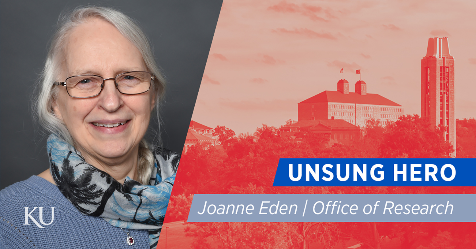 A graphic shows Joanne Eden on the left and text boxes on the right that read," Unsung Hero, Joanne Eden, Office of Research"