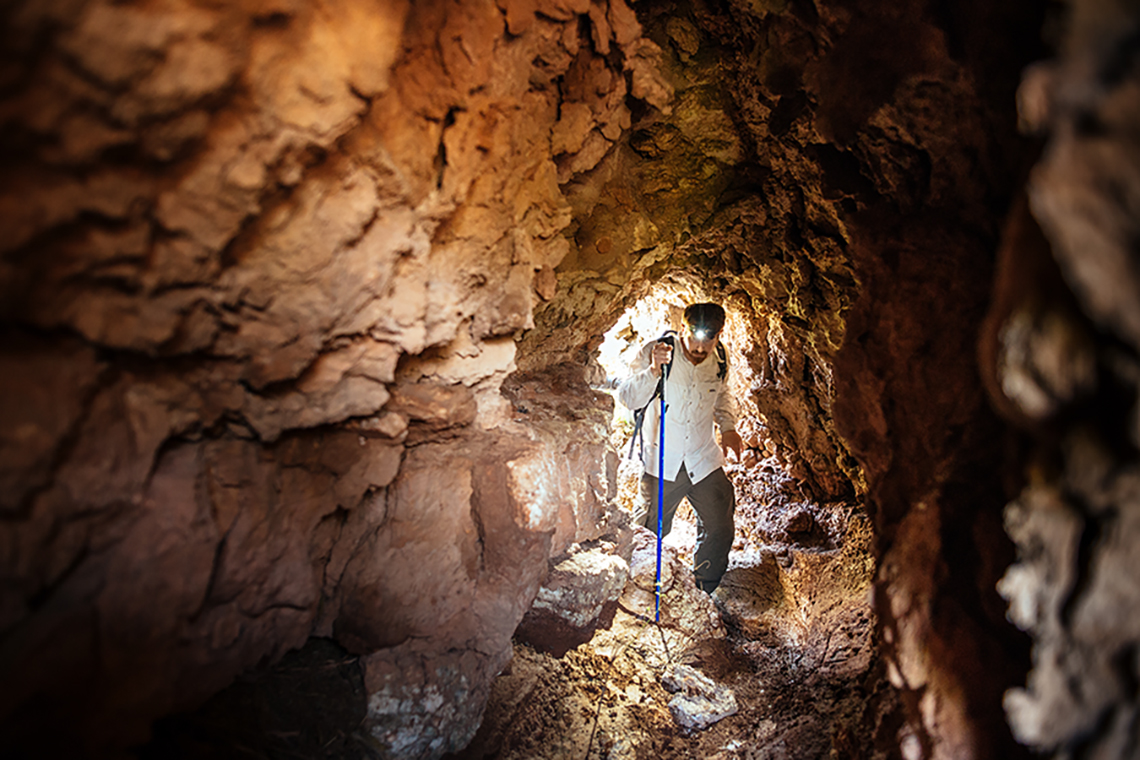 A researcher with a walking stick and head lamp enters a cave