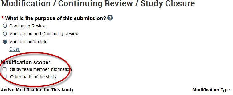 Screenshot showing how to select the scope of a study modification in KU's eCompliance system