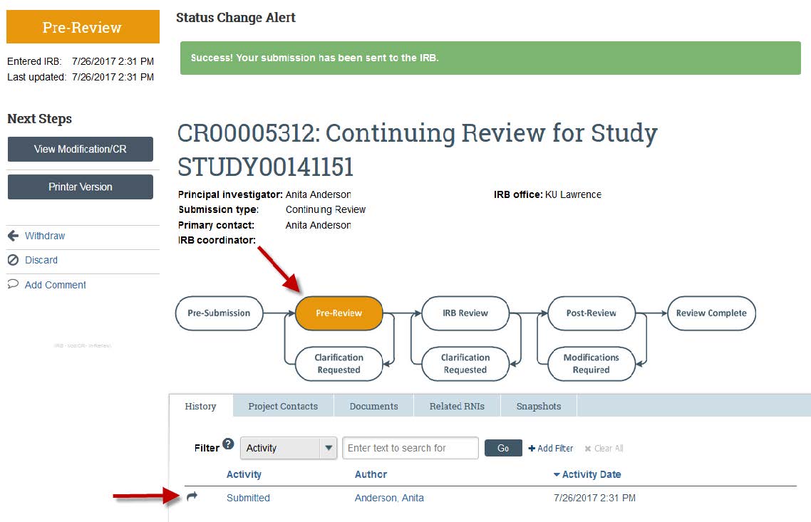 Screenshot showing a study's status change to "Pre-Review" in KU's eCompliance system.