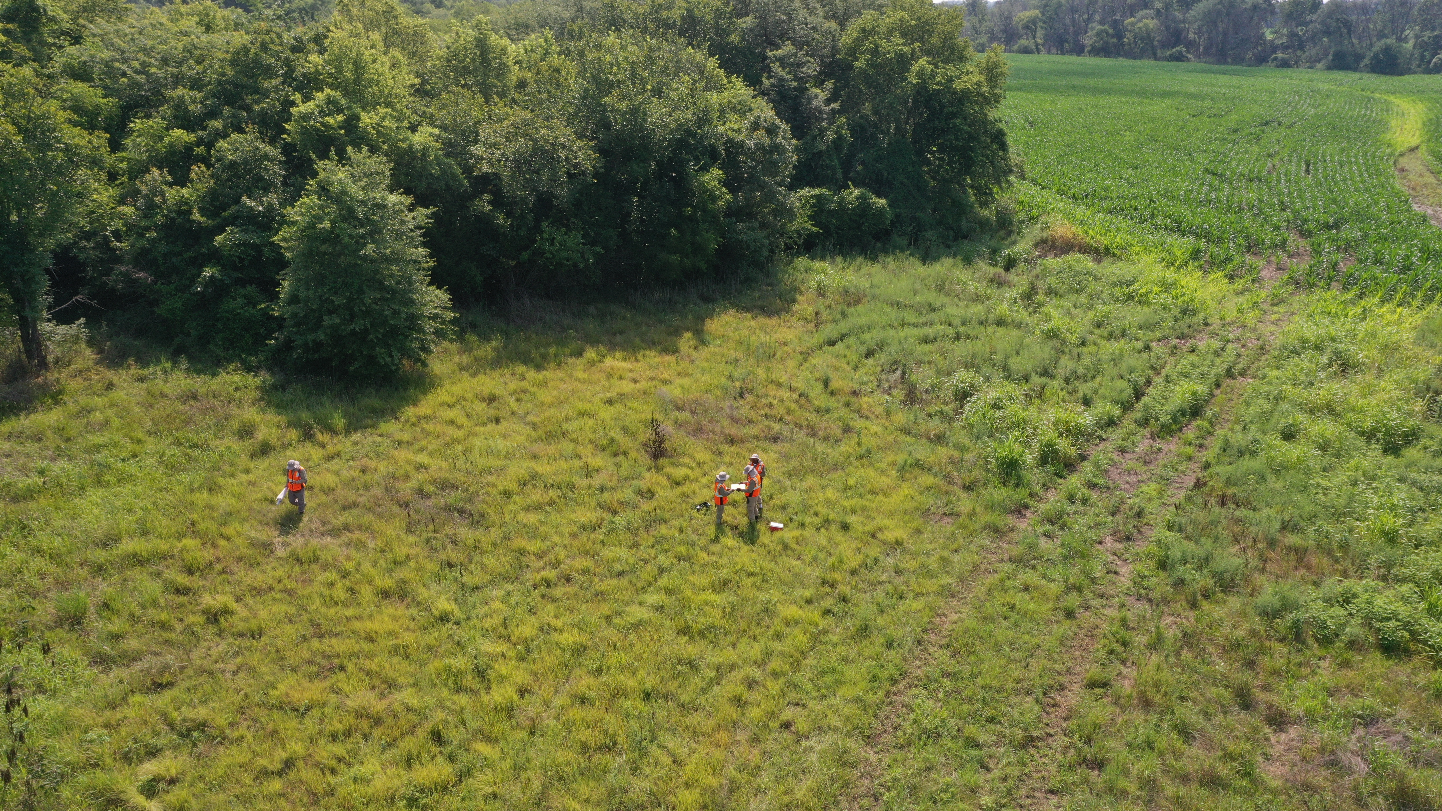 An aerial view shows KU biologists setting CO2 tick traps