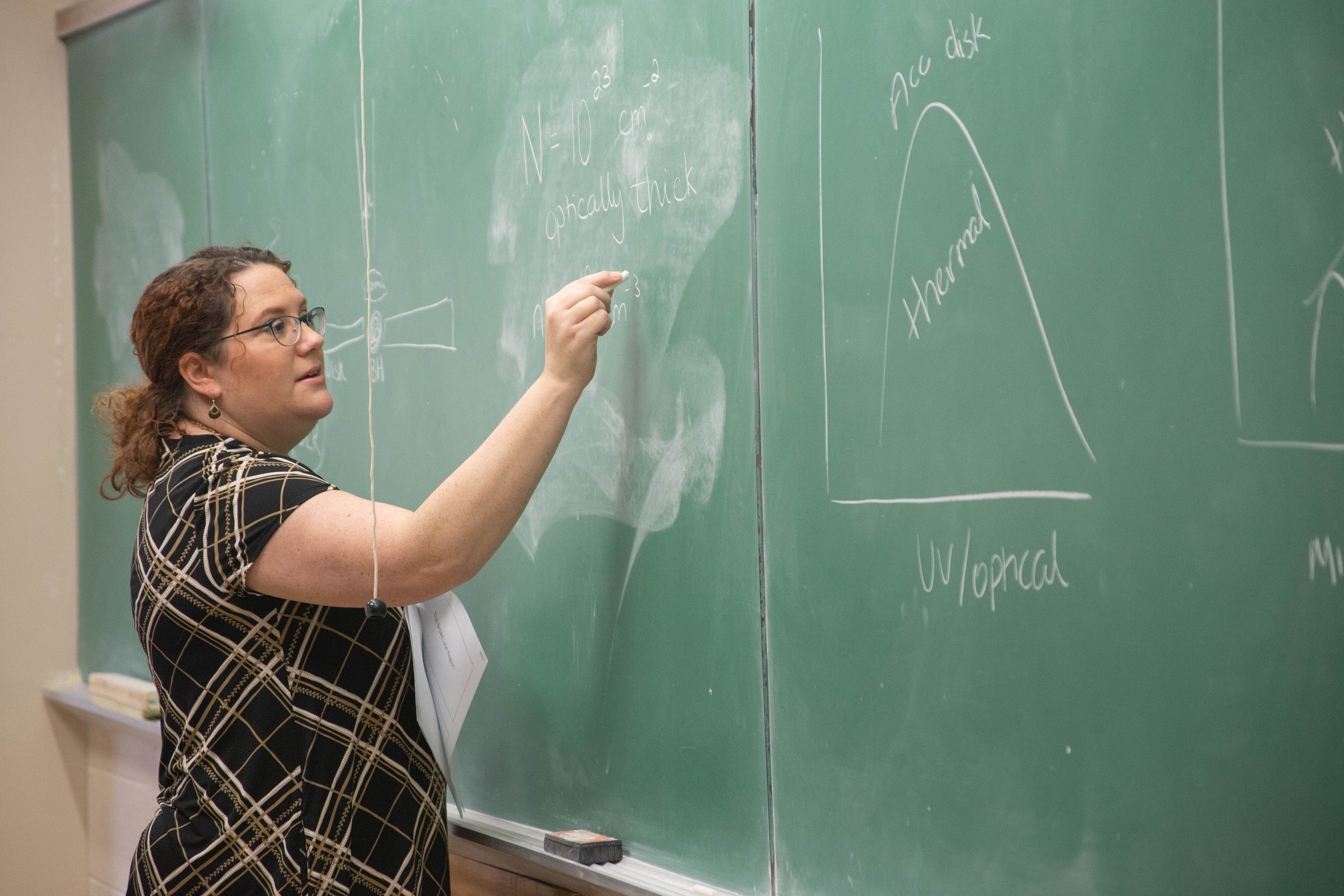 Allison Kirkpatrick writes physics equations and graphs on a chalkboard in front of a classroom