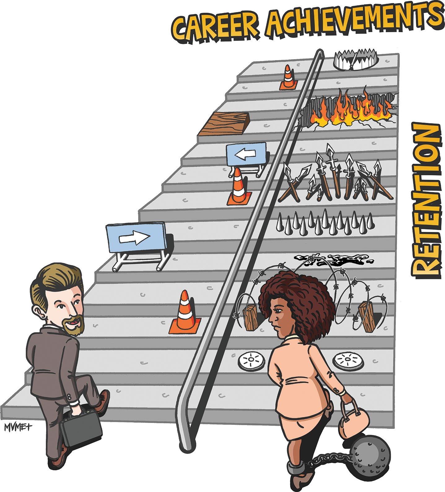 An illustration shows a white man and a Black woman climbing a staircase with various obstacles on their decent. The woman faces more obstacles