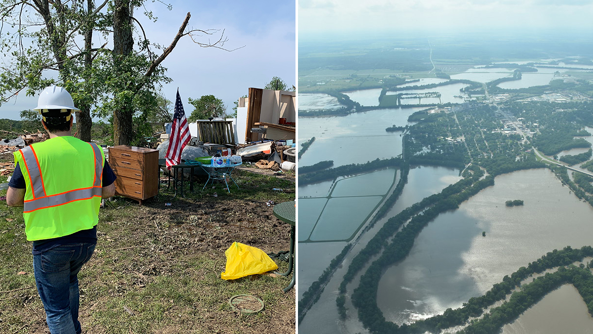 A split image on the left shows damage after the tornado in Linwood and on the right shows flooding near Neodesha