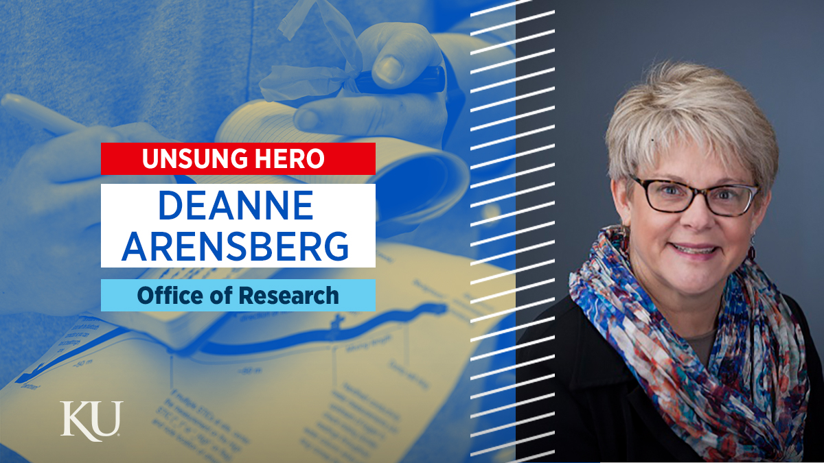 A graphic shows an image of a researcher taking field notes and includes a portrait of Deanne Arensberg to the right and also reads Unsung Hero, Deanne Arensberg, Office of Research