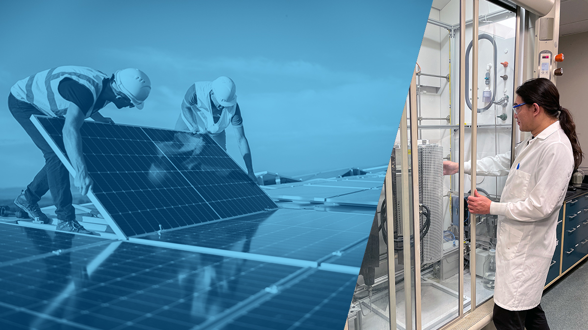 Split image showing two engineers installing a solar panel on a rooftop at left and KU scientist Hongda Zhu, postdoctoral scientist at KU’s Center for Environmentally Beneficial Catalysis, preparing a laboratory reactor for processing material samples at right.