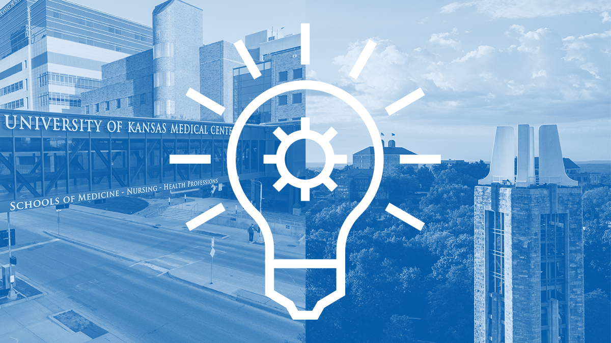 Split image showing skyline view of KU Medical Center campus on the left and a skyline view of KU's Lawrence campus on the right with a white light bulb icon superimposed on top of the images to symbolize innovation occurring at the University of Kansas.