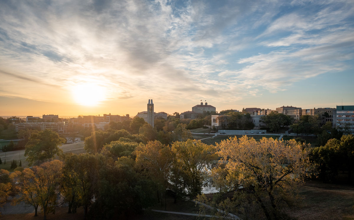 Skyline view of KU's Lawrence campus at sunrise