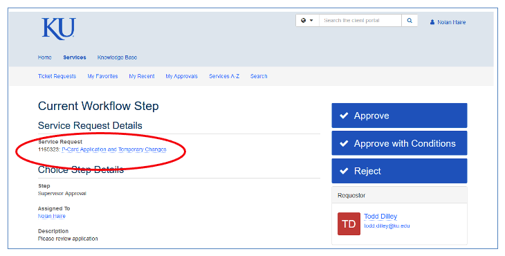 Screenshot showing the Service Request link in Team Dynamix circled in red.