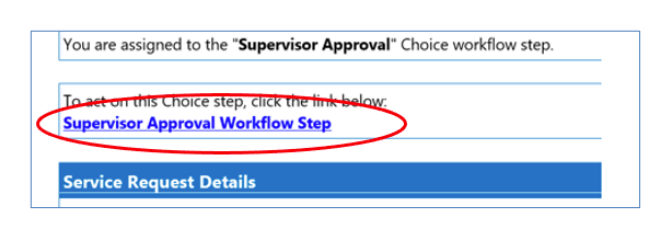 Screenshot showing the Supervisor Approval Workflow Step link in Team Dynamix circled in red.