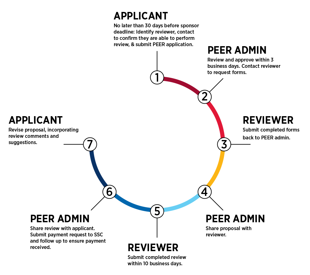 Infographic describing the 7-step review process for KU's Peer Evaluation & External Review program. See text below image for detailed description.