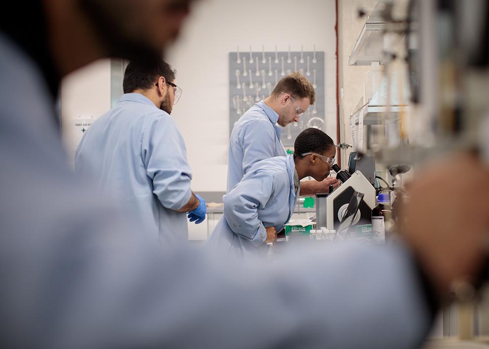 Four researchers work in a petroleum engineering lab. One researcher looks through a microscope