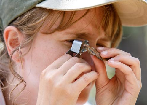 A geology researcher examines an artifact extremely closely to their eye using a magnifying device