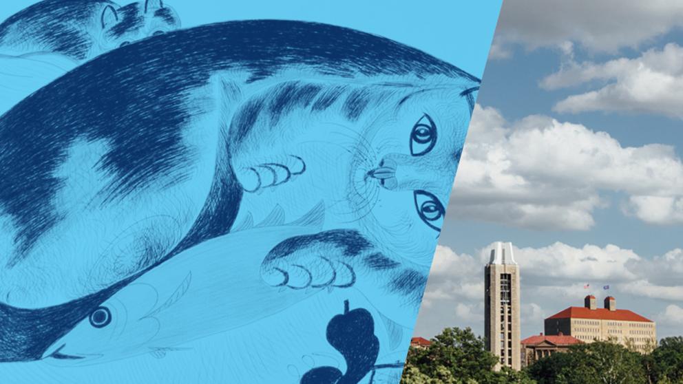 Split image showing Jimmy Tsutomu Mirikitani artwork on left, next to a skyline view of KU's Lawrence campus